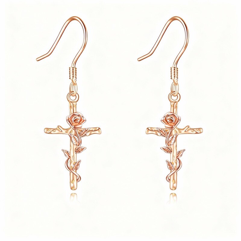 Boucles d'oreilles pendantes en or rose 14 carats avec rose et croix-1