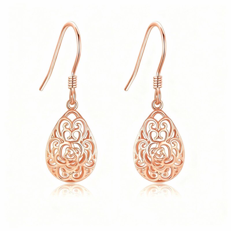 18K Rose Gold Rose & Drop Shape Drop Earrings-1