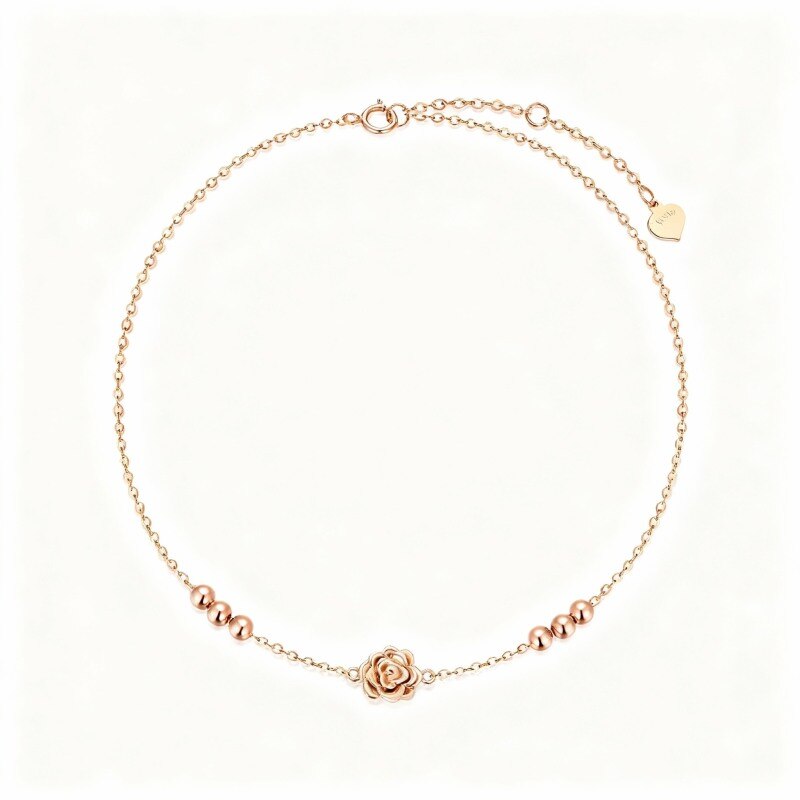 Tobillera de oro rosa de 14 quilates con dije de rosa de una sola capa-1