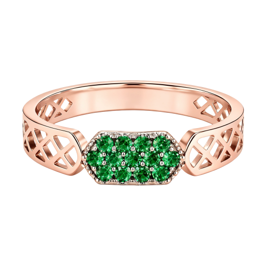 Ring van 10 karaat roségoud met ronde kunstmatige smaragd.