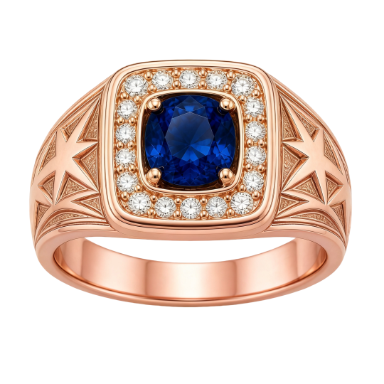 Anillo de sello personalizado con piedra natal de talla redonda en oro rosa de 10 quilates para hombre.