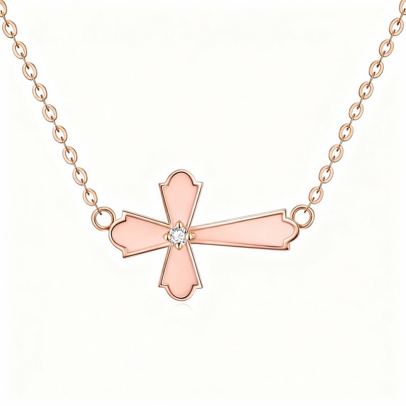 Collar con colgante de cruz de corte redondo en oro rosa de 10 quilates-1