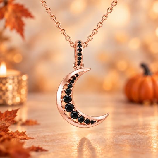 10K Rose Gold Round Cut Crystal Moon Pendant Necklace