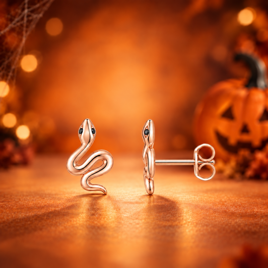 10K Rose Gold Round Cut Crystal Snake Stud Earrings