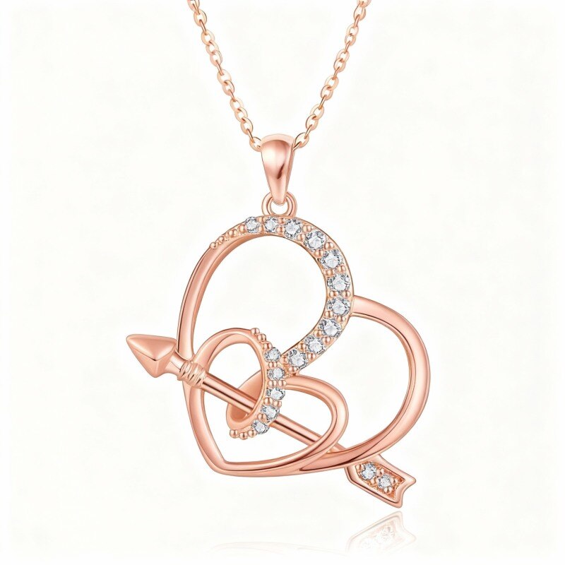 14K Rose Gold Round Cut Cubic Zirconia Arrow & Heart Pendant Necklace-1
