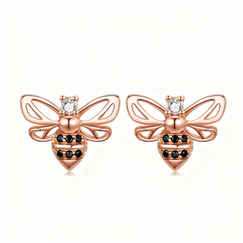 10K Rose Gold Round Cut Cubic Zirconia Bee Stud Earrings-1