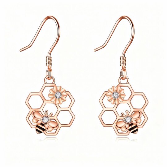 Pendientes colgantes de abeja y girasol con circonitas cúbicas de talla redonda en oro rosa de 10 quilates