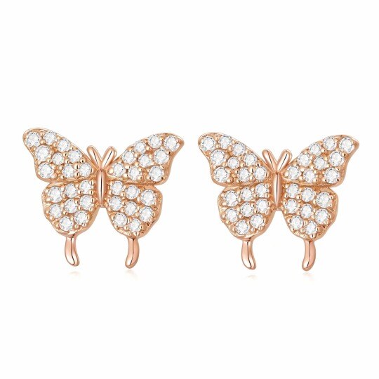 10K Rose Gold Round Cut Cubic Zirconia Butterfly Stud Earrings