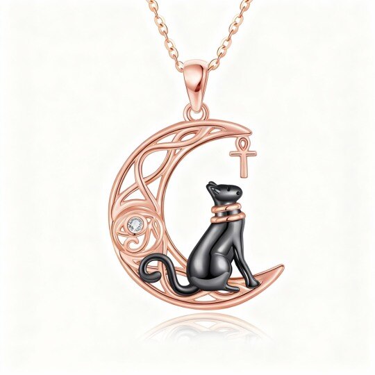 Collier pendentif en or rose 10 carats avec zircon cubique rond, motif chat, nœud celtique et lune