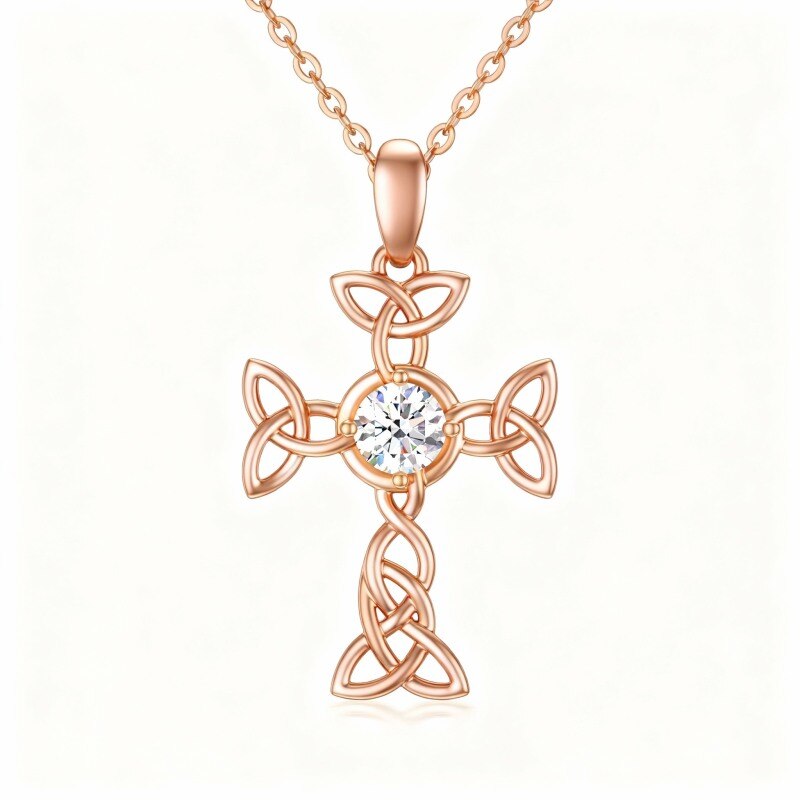 14K Rose Gold Round Cut Cubic Zirconia Celtic Knot & Cross Pendant Necklace-1