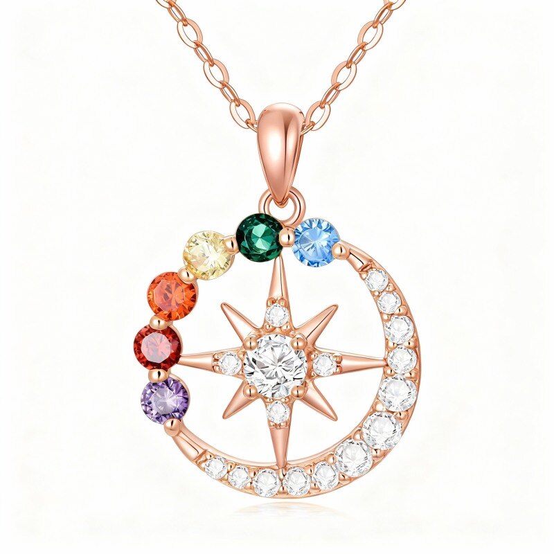 18K Rose Gold Round Cut Cubic Zirconia Chakras & Moon & Sun Pendant Necklace-1