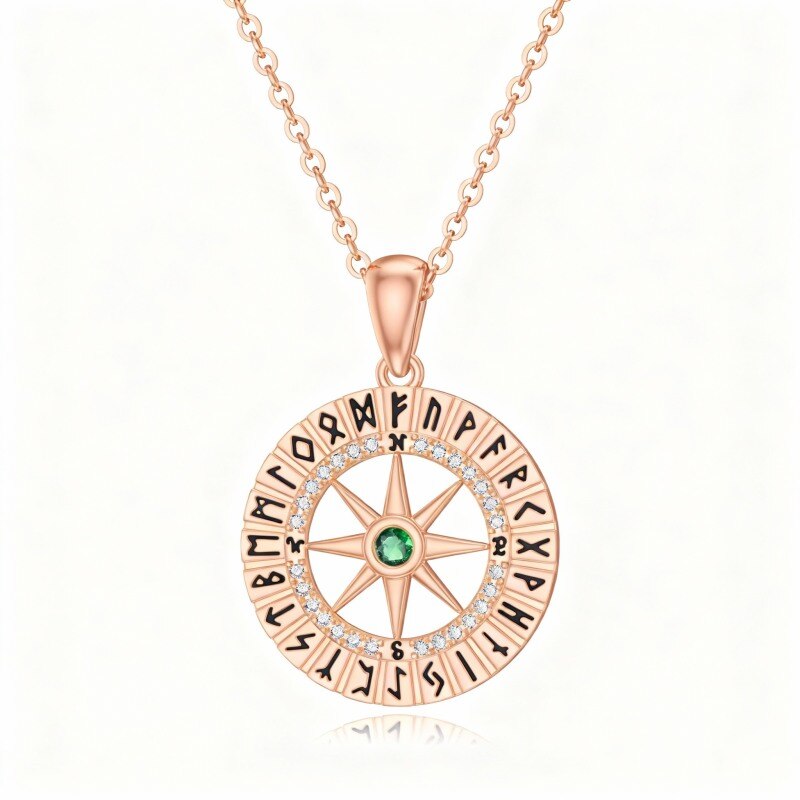 18K Rose Gold Round Cut Cubic Zirconia Compass Pendant Necklace-1