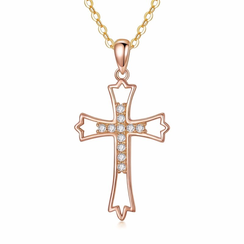Collier pendentif croix en or rose 14 carats avec zircon cubique taille ronde et filigrane-1