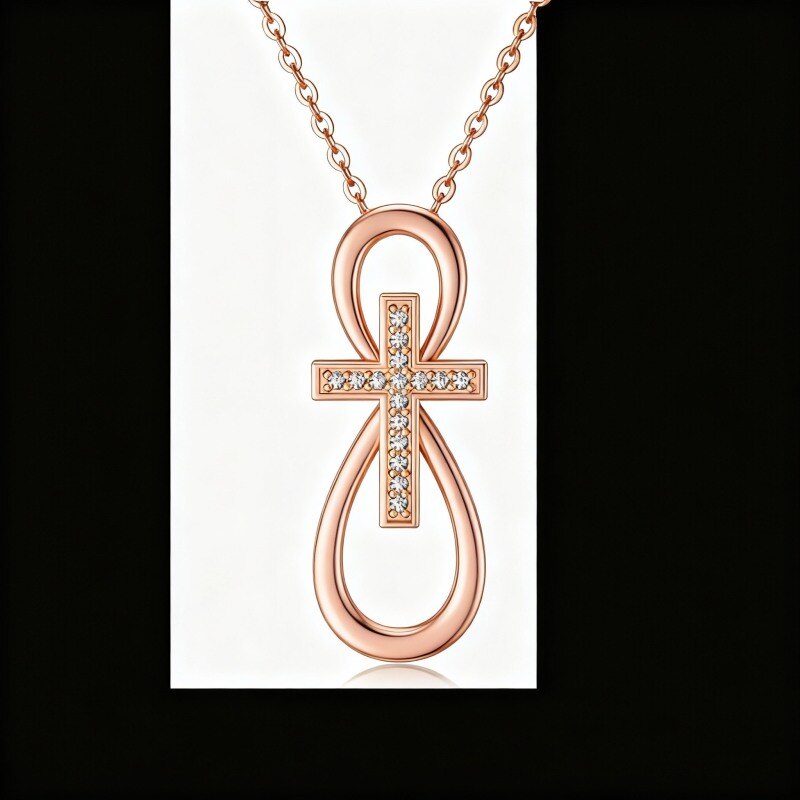 Collar con colgante de cruz y símbolo de infinito en oro rosa de 10 quilates con circonitas cúbicas de talla redonda-1