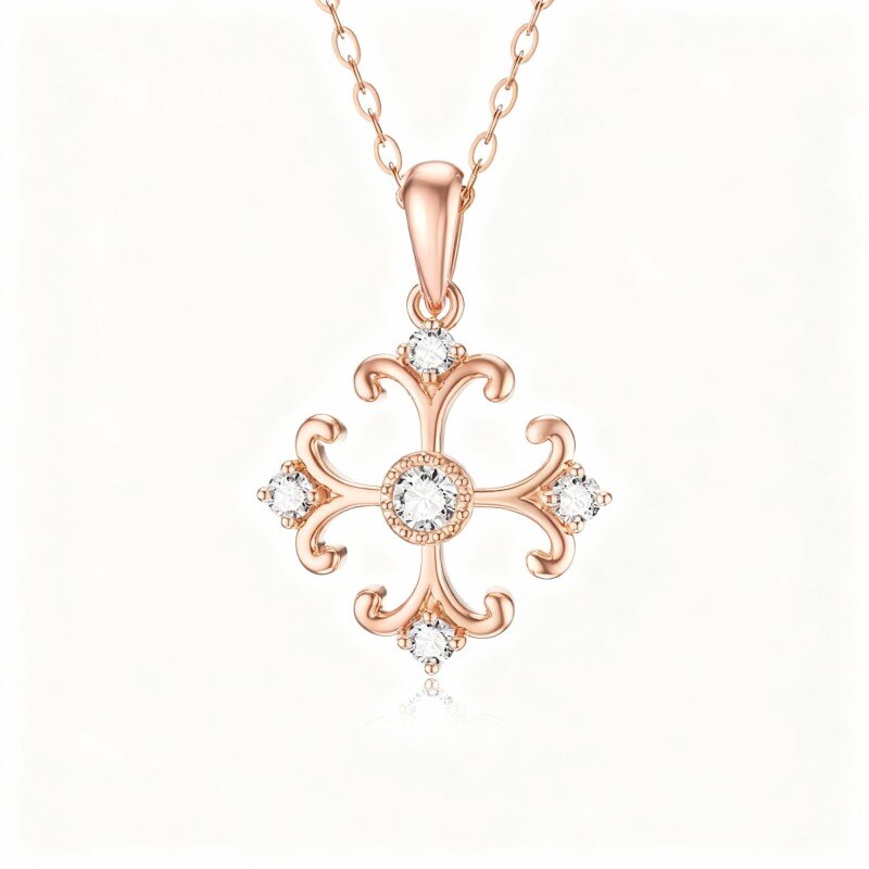 Halskette mit Kreuzanhänger aus 14-karätigem Roségold und rundem Zirkonia-1