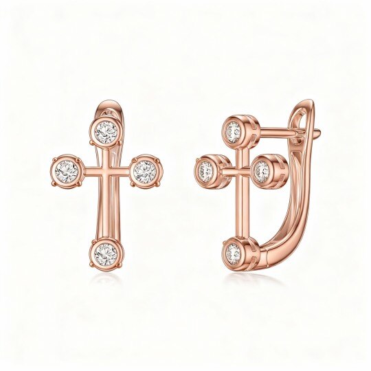 Boucles d'oreilles puces en or rose 10 carats avec zircon cubique rond en forme de croix