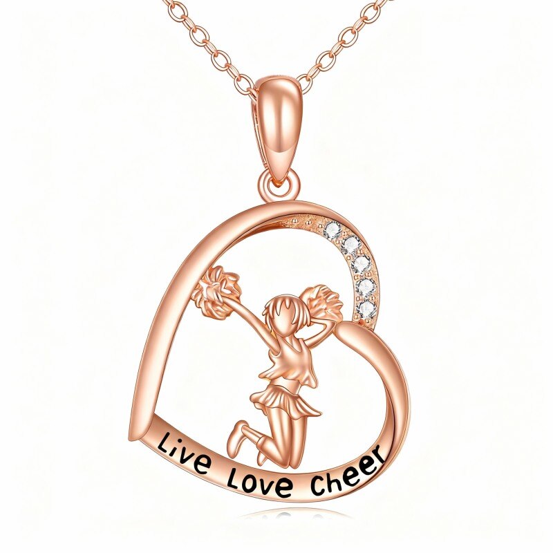 Collar con colgante de niña bailando y corazón en oro rosa de 10 quilates con circonitas cúbicas de corte redondo-1