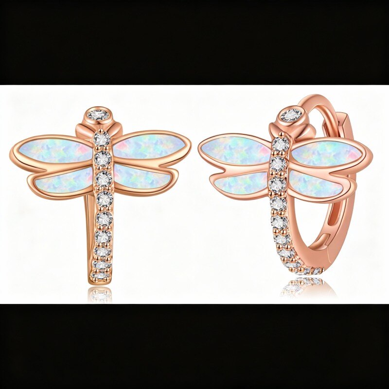 Boucles d'oreilles créoles libellule en or rose 10 carats et zircon cubique taille ronde-1