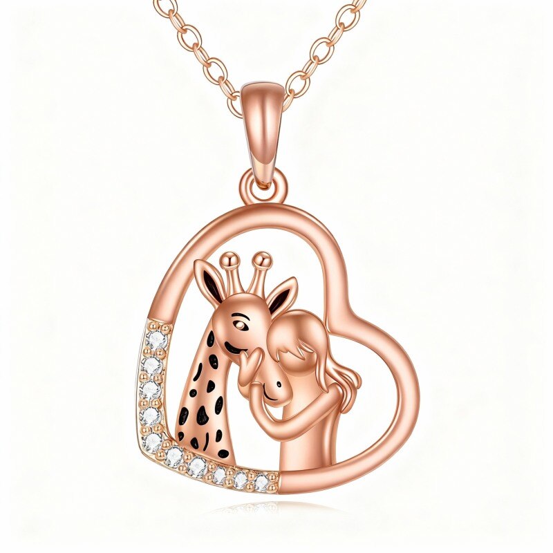 Collier pendentif girafe et cœur en or rose 18 carats avec zircon cubique taille ronde-1