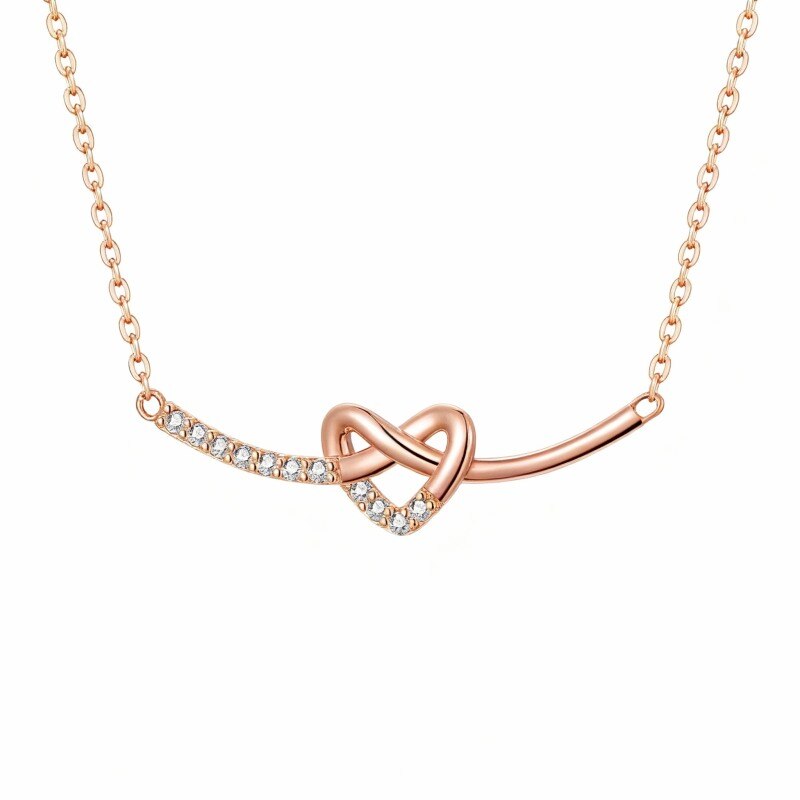 Collar con barra en forma de corazón de circonita cúbica de corte redondo en oro rosa de 10 quilates-1