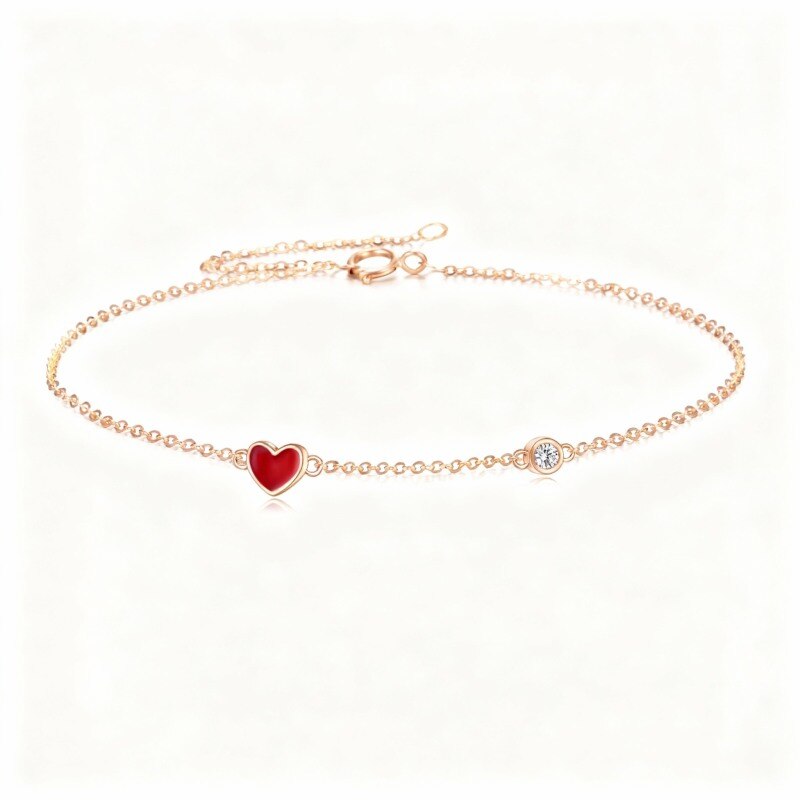 18K Rose Gold Round Cut Cubic Zirconia Heart Charm Bracelet-1