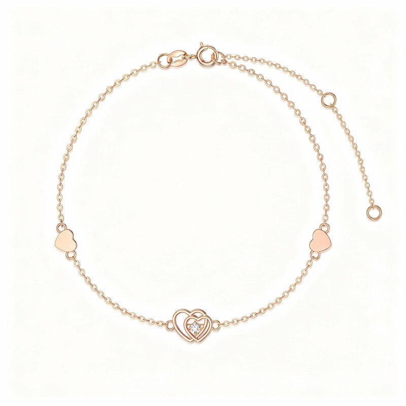10K Rose Gold Round Cut Cubic Zirconia Heart Charm Bracelet-1