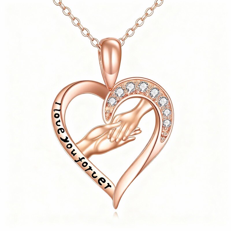 Collier pendentif en or rose 14 carats avec zircon cubique rond en forme de cœur et mains jointes, et inscription gravée.-1