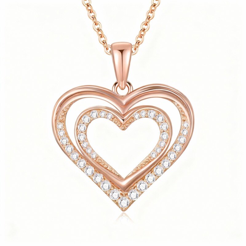 Collar con colgante de corazón de circonita cúbica de corte redondo en oro rosa de 10 quilates-1