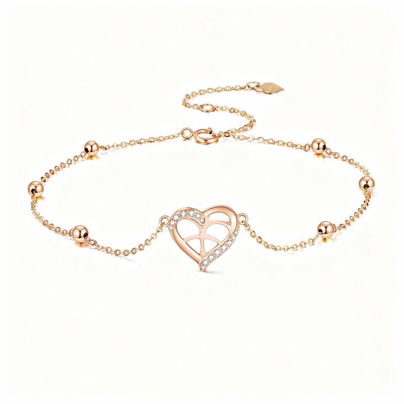 Bracelet de cheville à breloque en forme de cœur en or rose 14 carats avec zircon cubique taille ronde-1