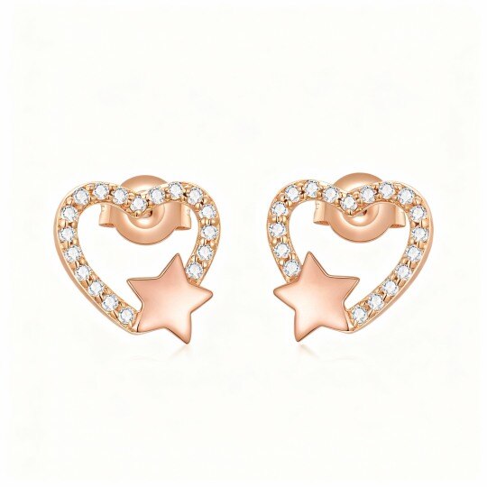 Pendientes de botón con forma de corazón y estrella en oro rosa de 10 quilates con circonitas cúbicas de corte redondo