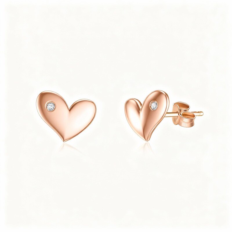 Pendientes de botón con forma de corazón y circonitas cúbicas de corte redondo en oro rosa de 10 quilates-1
