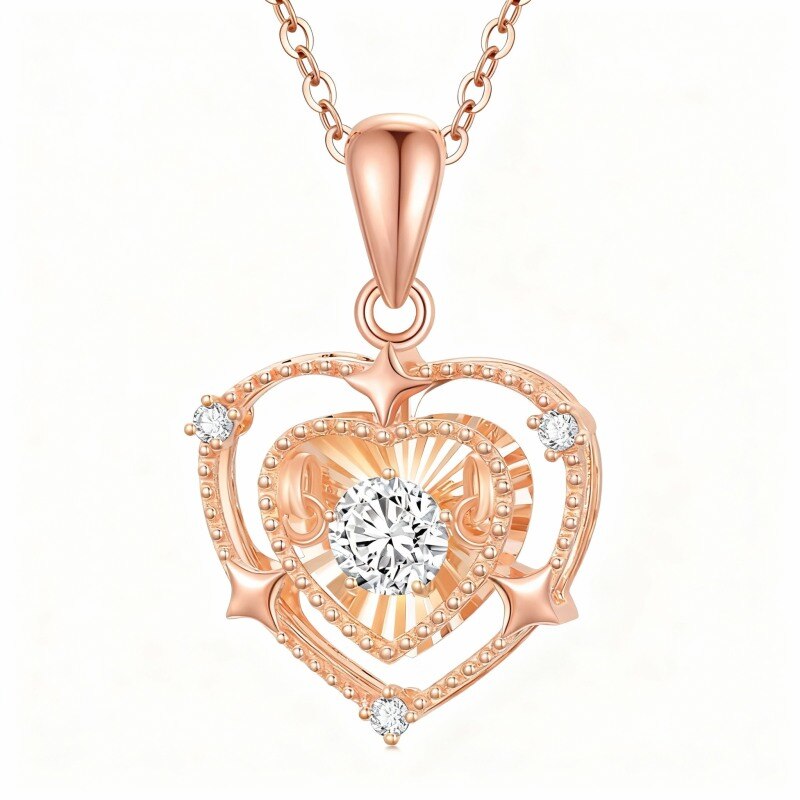 Collar con colgante de corazón con circonita cúbica de corte redondo en oro rosa de 10 quilates-1