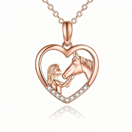 10K Rose Gold Round Cut Cubic Zirconia Horse & Heart Pendant Necklace