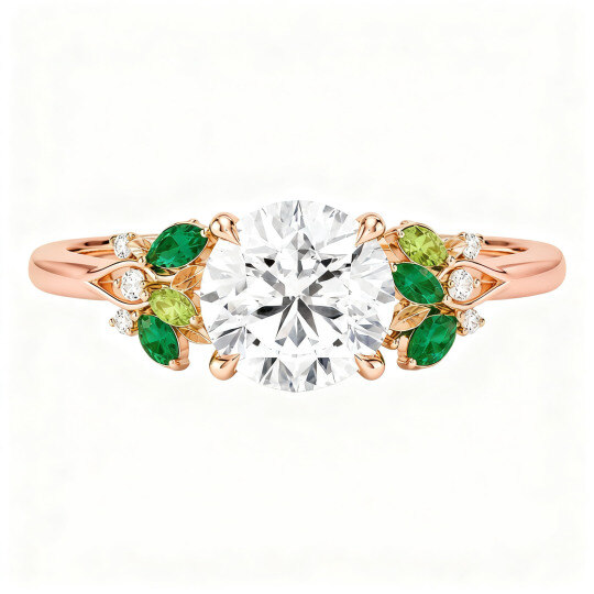 Verlobungsring aus 10-karätigem Roségold mit rundem, im Labor gezüchtetem Diamanten und individuell gestalteten Seitensteinen, inspiriert von der Natur