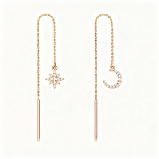 Pendientes colgantes de luna y estrella con circonitas cúbicas de talla redonda en oro rosa de 10 quilates