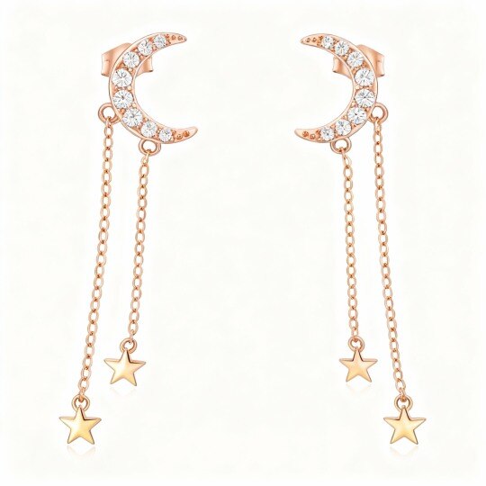 Pendientes colgantes de luna y estrella con circonitas cúbicas de talla redonda en oro rosa de 10 quilates
