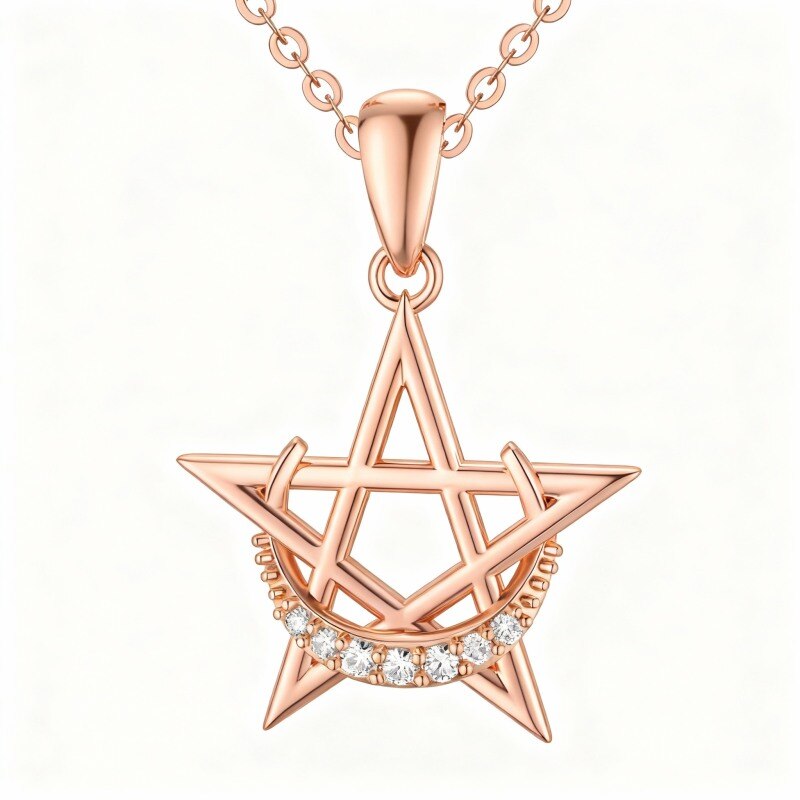 Collier pendentif lune et étoile en or rose 14 carats avec zircon cubique taille ronde-1