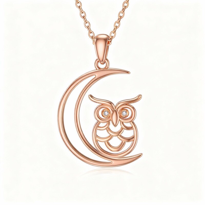 Colar com pendente de coruja em ouro rosa 18K com zircónias cúbicas de corte redondo-1