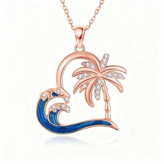 Collier pendentif en or rose 10 carats avec zircon cubique rond représentant un palmier, un cœur et un bouquet, orné d'un palmier et d'un cœur.