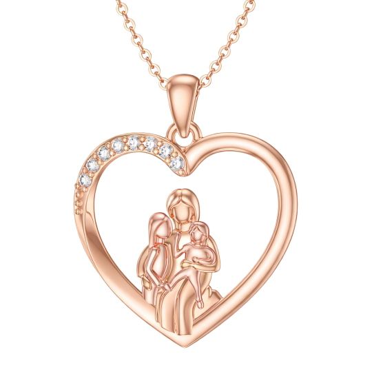Collier pendentif en or rose 10 carats avec zircon cubique rond représentant un cœur et symbolisant les parents et les enfants