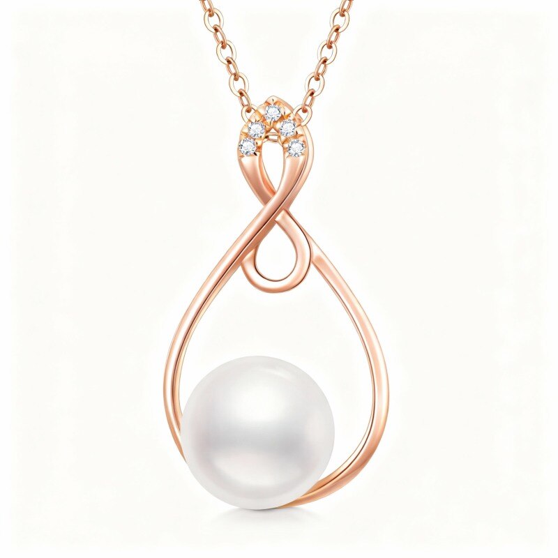 14K Rose Gold Round Cut Cubic Zirconia & Pearl Bead & Infinity Symbol Pendant Necklace-1