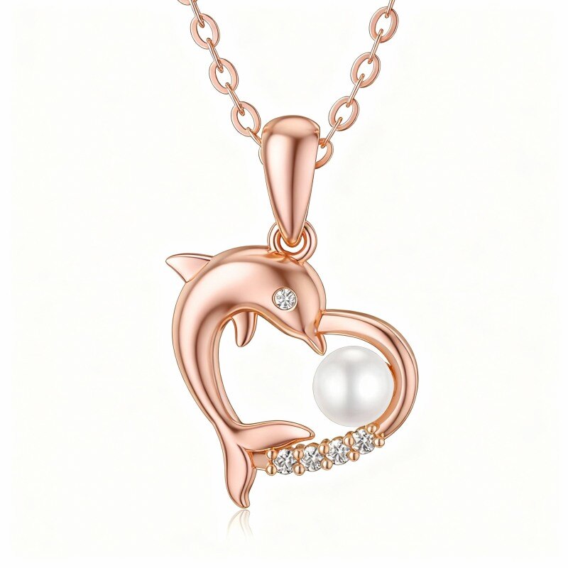 Collier pendentif dauphin et cœur en or rose 10 carats, zircon cubique taille ronde, perle-1