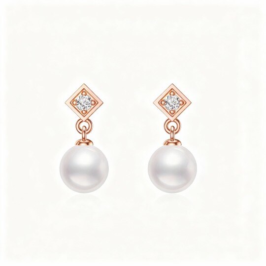 Pendientes colgantes de oro rosa de 10 quilates con circonitas cúbicas de corte redondo y perlas