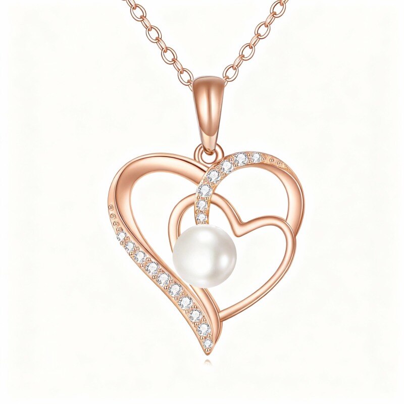 Collier pendentif cœur en or rose 18 carats avec zircon cubique rond et perle-1