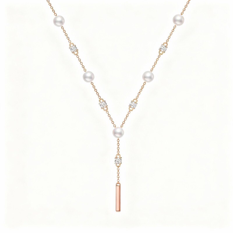 Collar en Y no ajustable de oro rosa de 9 quilates con circonitas cúbicas de corte redondo y perla-1