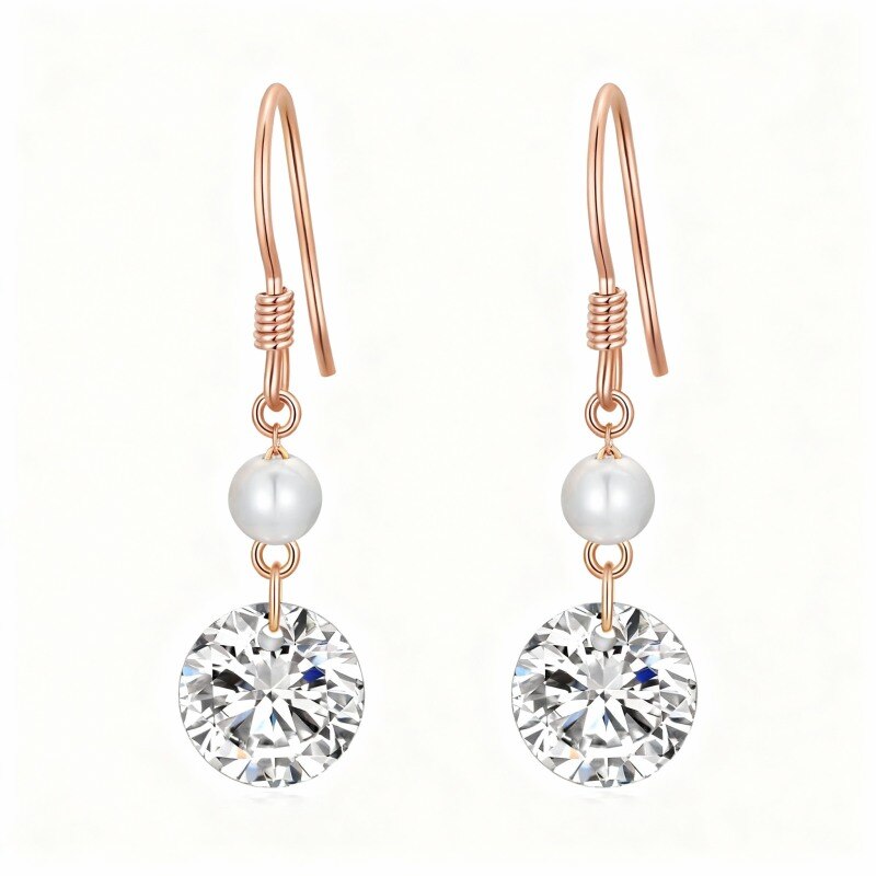 Boucles d'oreilles pendantes rondes en or rose 10 carats, zircon cubique taille ronde et perle-1