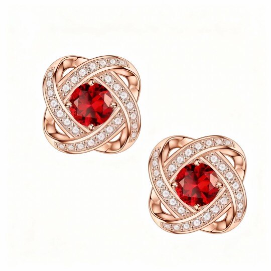 Ohrstecker aus 10-karätigem Roségold mit rundem Zirkonia, personalisiertem Geburtsstein und keltischem Spiralknoten