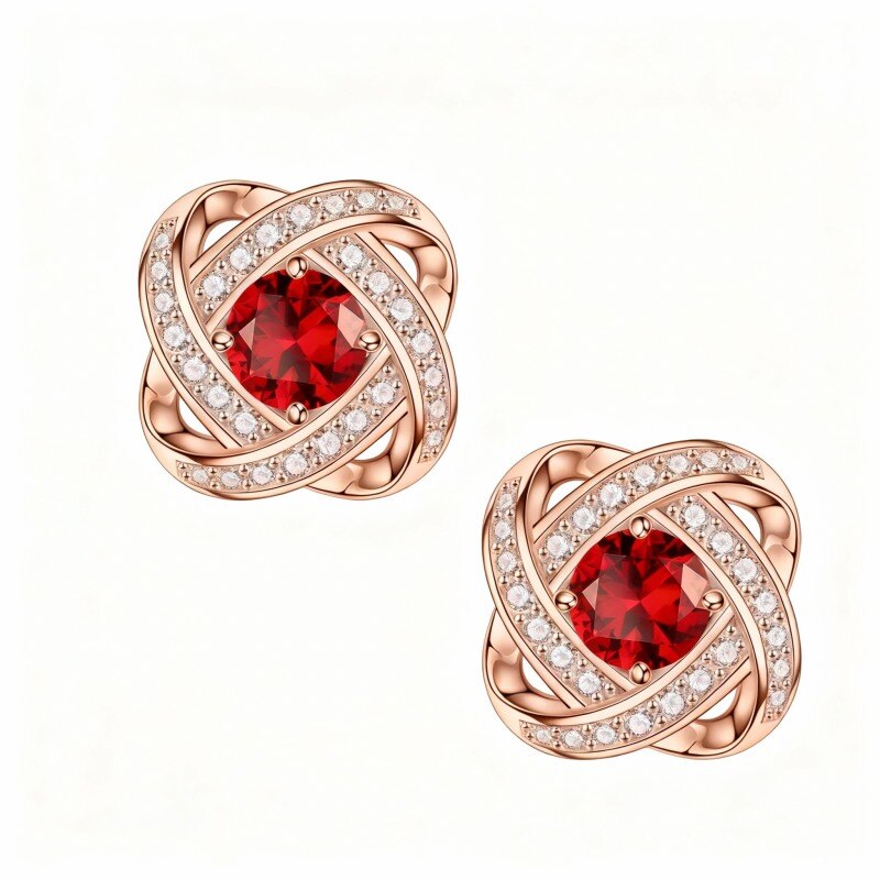 Boucles d'oreilles puces en or rose 10 carats avec zircon cubique rond, pierre de naissance personnalisée et nœud celtique en spirale-1