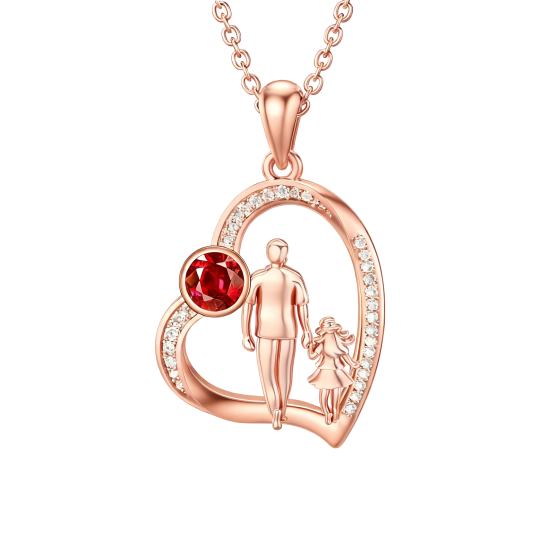Collier pendentif personnalisé en or rose 10 carats avec zircon cubique rond, pierre de naissance, motif père et fille et cœur