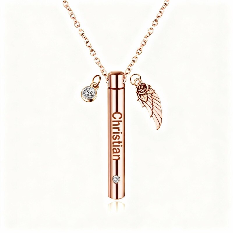 Collier urne funéraire en or rose 14 carats avec zircon cubique rond, pierre de naissance personnalisée, nom classique personnalisé et aile d'ange-1